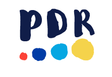 Scritta PDR e 4 palline di colore rosso, blu, azzurro e giallo